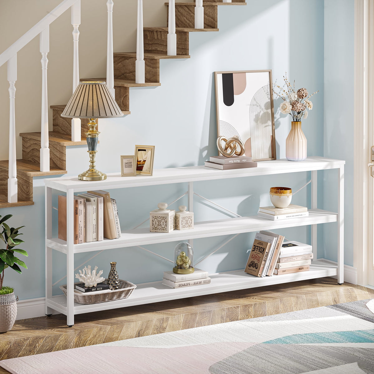 Fnova 70.9-Inch Modern Console Table, Industrial 3-Tier Sofa Table with Metal Frame, Behind the Sofa with Storage Shelves for Living Room, Entrance, Hallway, Lobby,WM010295_W_Tables