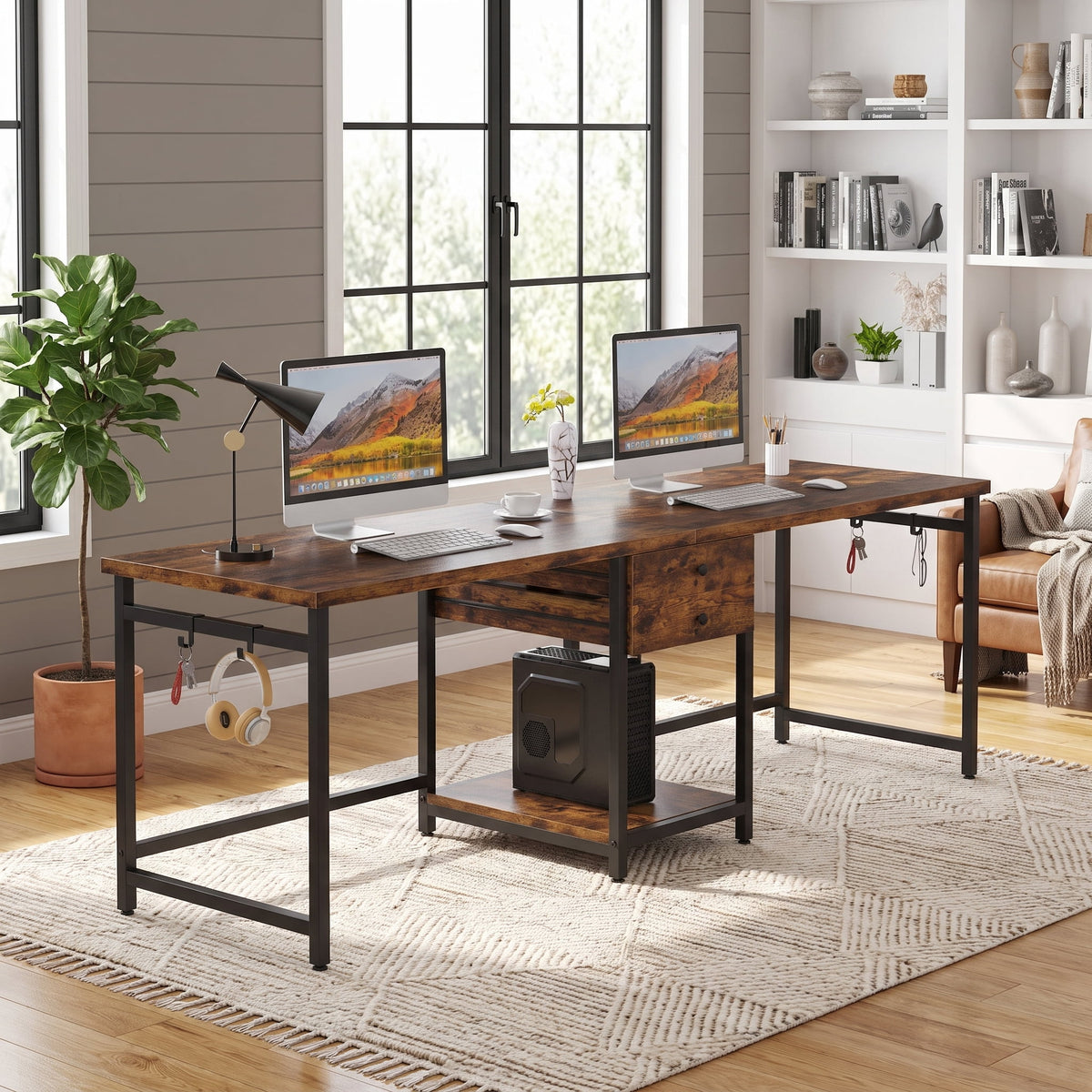 Fnova 79-Inch Extra Long Double Desk for 2 People, Computer Desk with Drawers & Storage Shelves, Home Office Desk Writing Study Table for Home Office, Study Room, Bedroom, Living Room,WM010466_BN_US