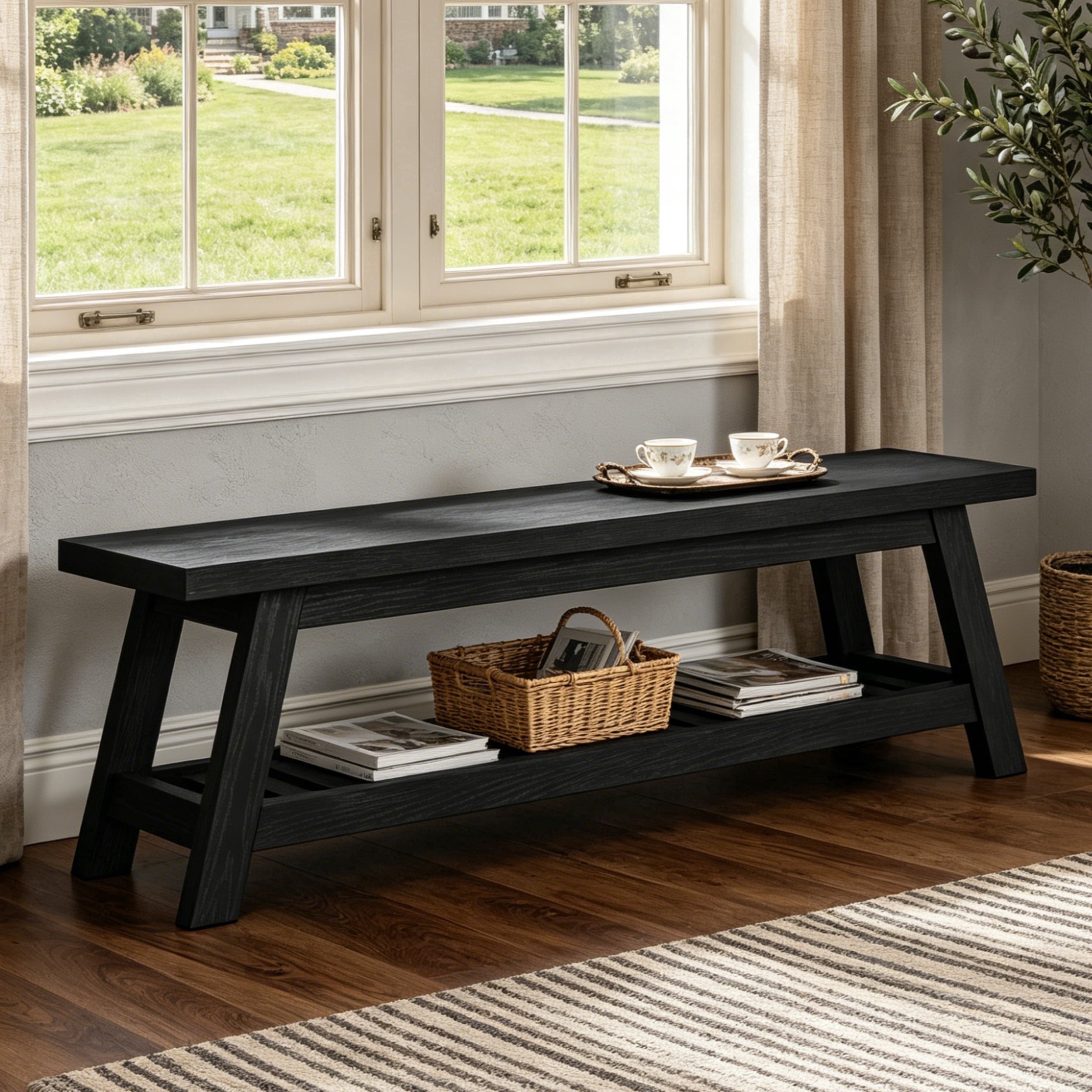 Fnova 55" Narrow 2-Tier Entryway Bench, Seating Bench with Shoe Storage Shelf, Large Wooden Shoe Rack Bench with Open Shelves for Entryway, Living Room, Bedroom, Foyer, Easy Assembly,Black