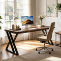 Fnova 55.12 Inch Home Office Computer Desk, Sturdy X-Shaped Metal Frame, Heavy Duty Study Workstation for Bedroom, Living Room, Study Room,Brown