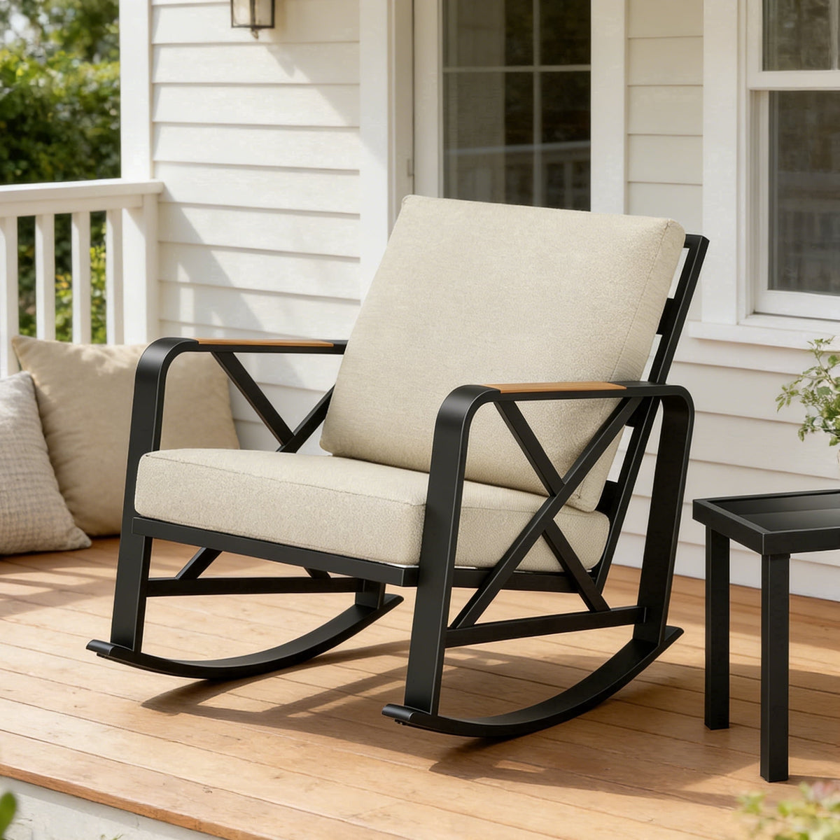 Fnova Outdoor Rocking Chair, Heavy Duty Metal Patio Rocker with Weather Resistant Fabric, Thick High Density Cushion, Ergonomic Anti-Tip Patio Chair for Balcony, Backyard, Porch and Garden,WM011501_W_US