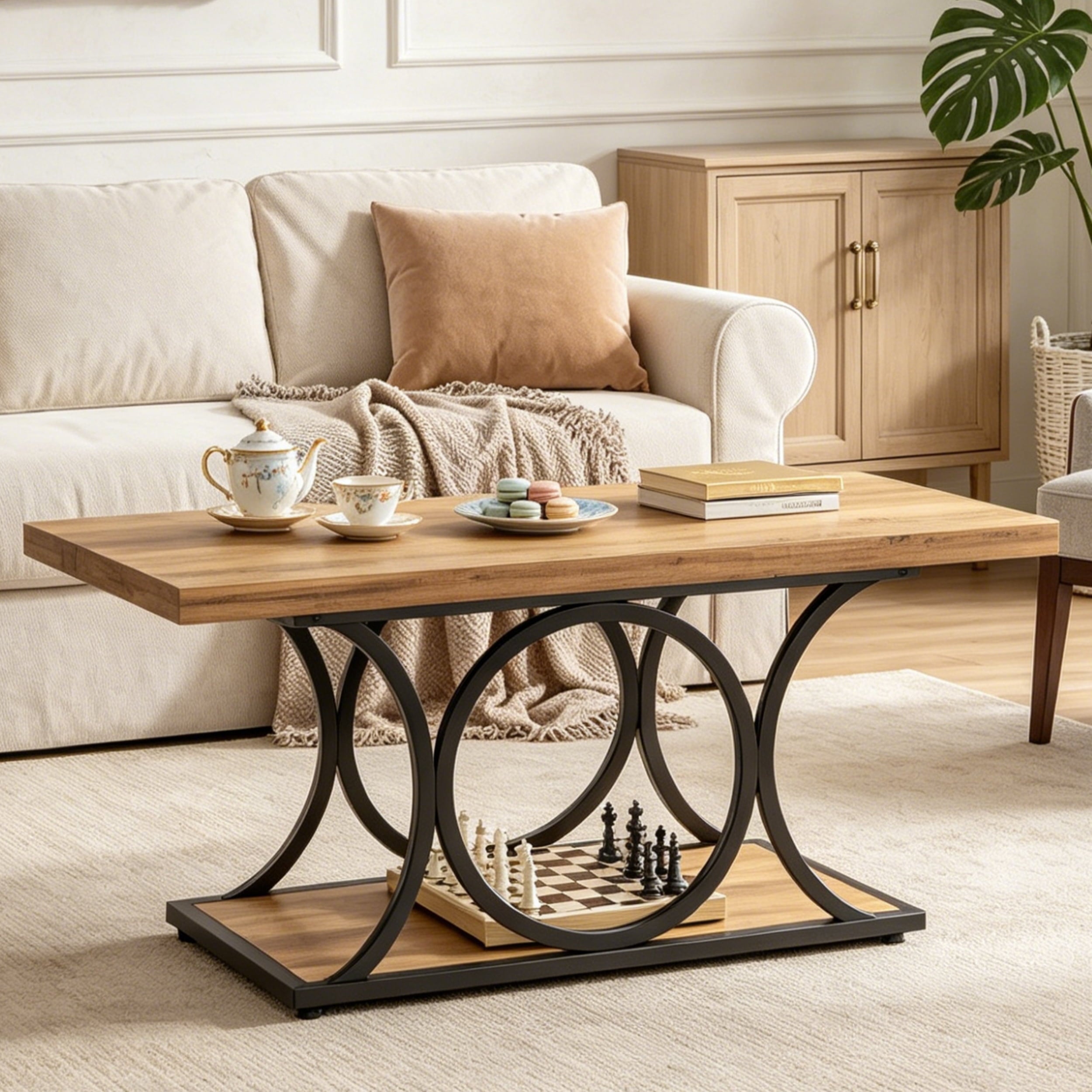 Fnova 47.24" Rectangular Coffee Table, Modern 2-Tier Imitation Marble Wood Coffee Tables with Storage Shelf for Living Room, Geometric Metal Legs, Easy Assembly,Brown