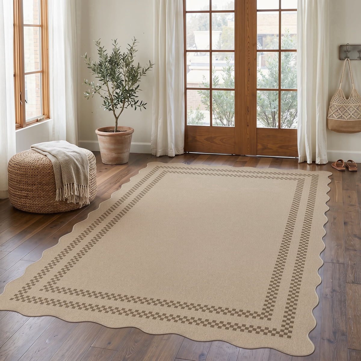 Fnova Scalloped Border Jute Woven Area Rug, Non-Slip Backing Washable Indoor Rug, Rectangular Rug for Entryway Bedroom Kitchen Living Room, Balcony,WM011604_BNg5_US