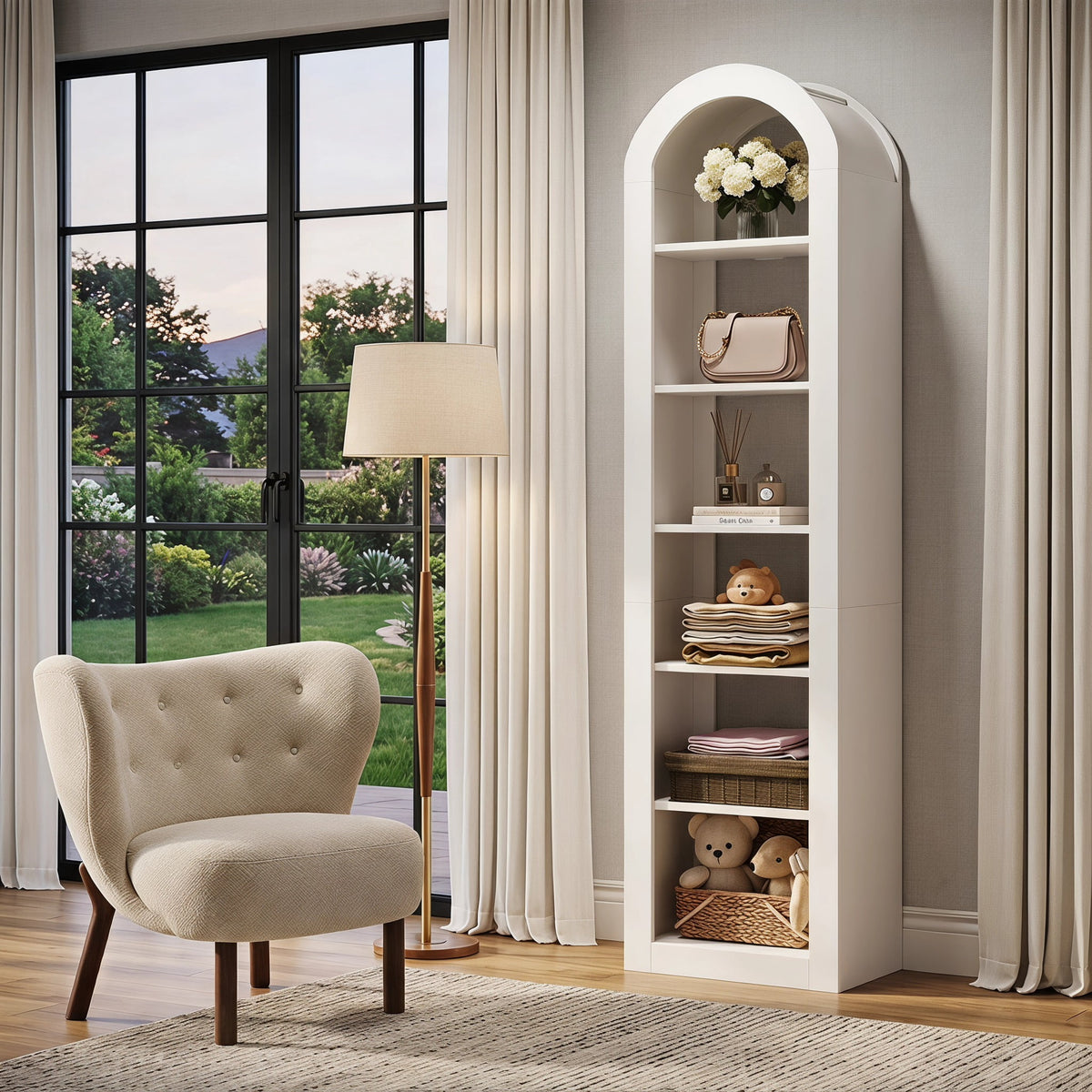 Fnova 74.8-Inch Tall Arched Storage Shelf Unit, Narrow 6-Tier Corner Display Organizer for Living Room Bedroom Home Office,WM010561_W_US