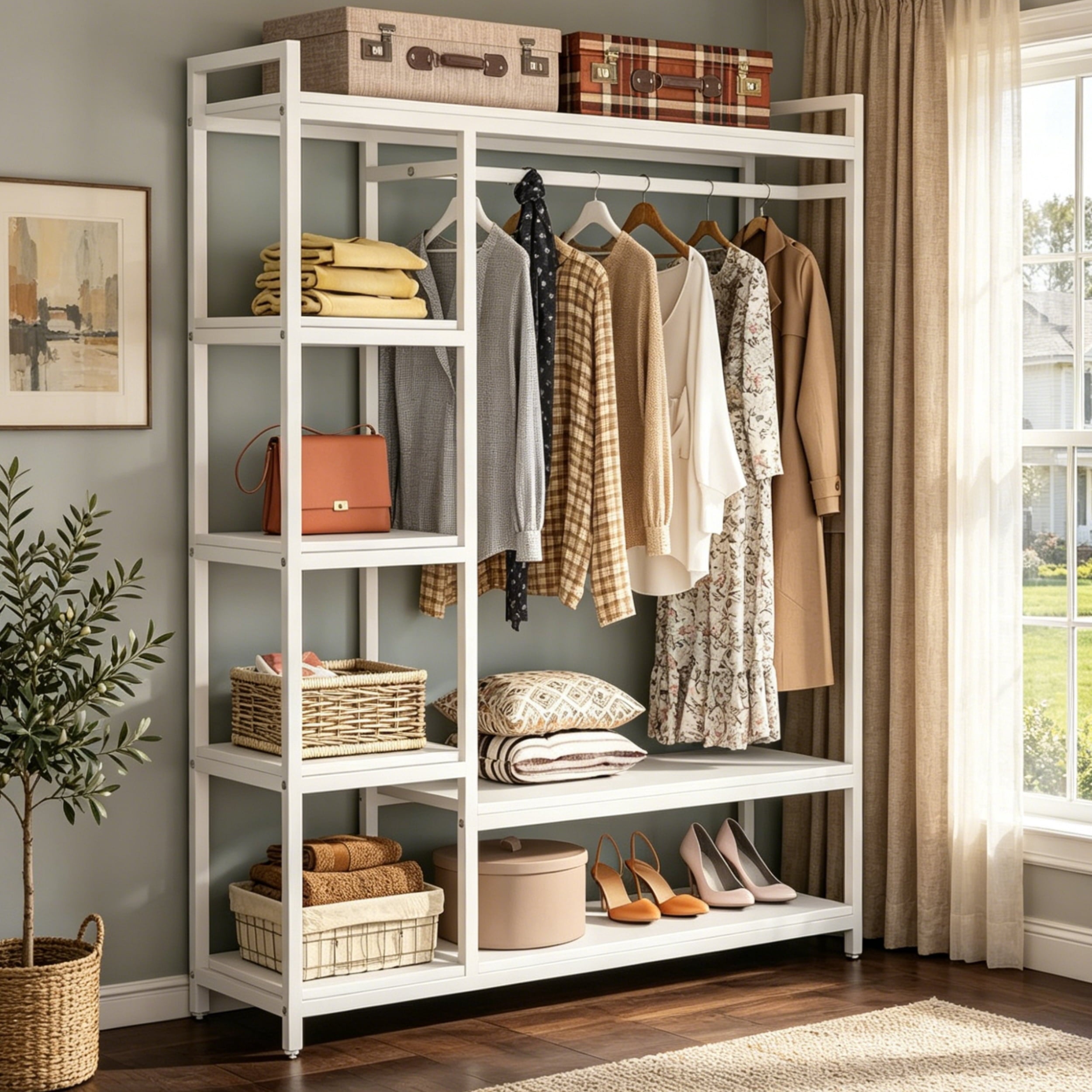 Fnova Clothes Rack with Shelf, Freestanding Closet Organizer, Heavy Duty Industrial Hall Tree Garments Rack for Small Space, Bedroom, White,WM010508_W_Rack