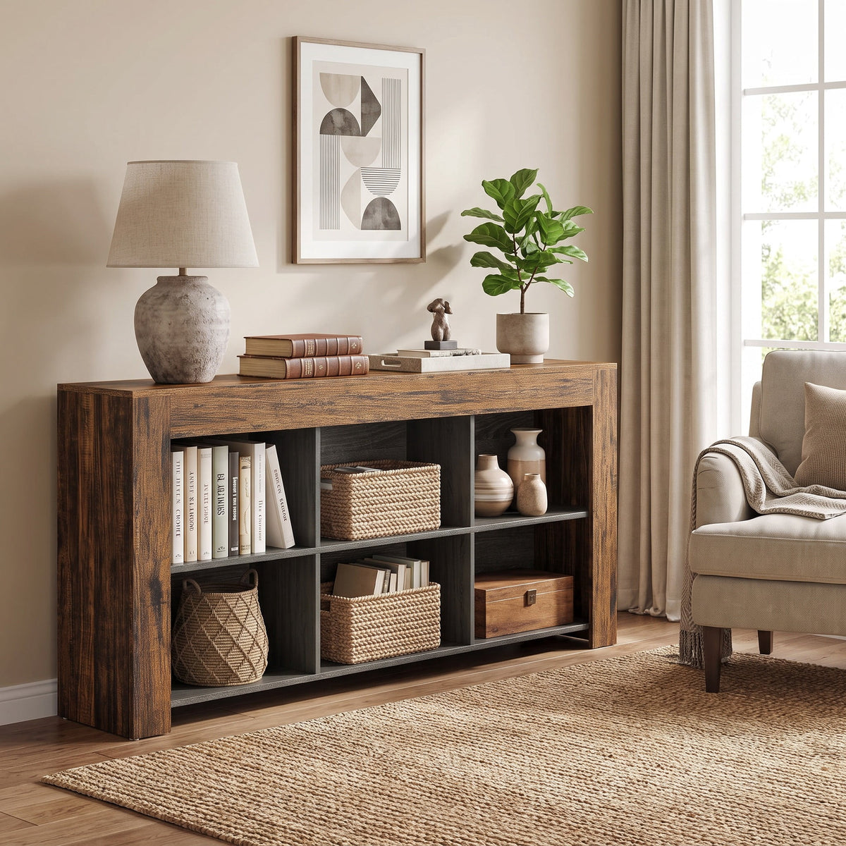 Fnova 63-Inch 6-Cube Open Cubby Console Table, Engineered Wood Multipurpose Sofa Table for Entryway Hallway Living Room TV Decor,WM010971_BNB_US