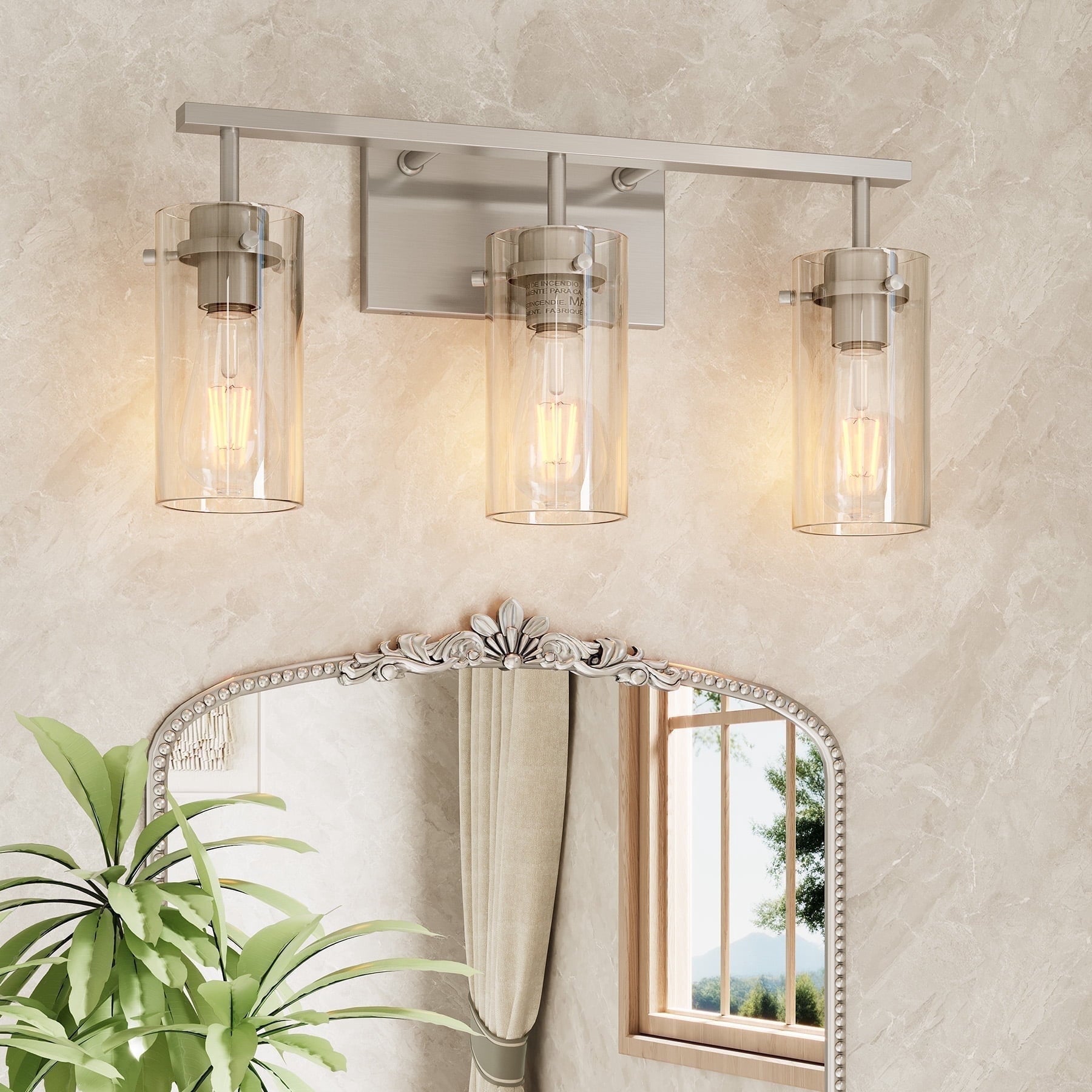 Fnova Modern Bathroom Vanity Light Fixtures, 3-Light Wall Sconces Lighting with Clear Glass Shade, Brushed Nickel Wall Lights Over Mirror for Living Room, Bedroom, Gallery, E26 Base,WM011112M-S-Light