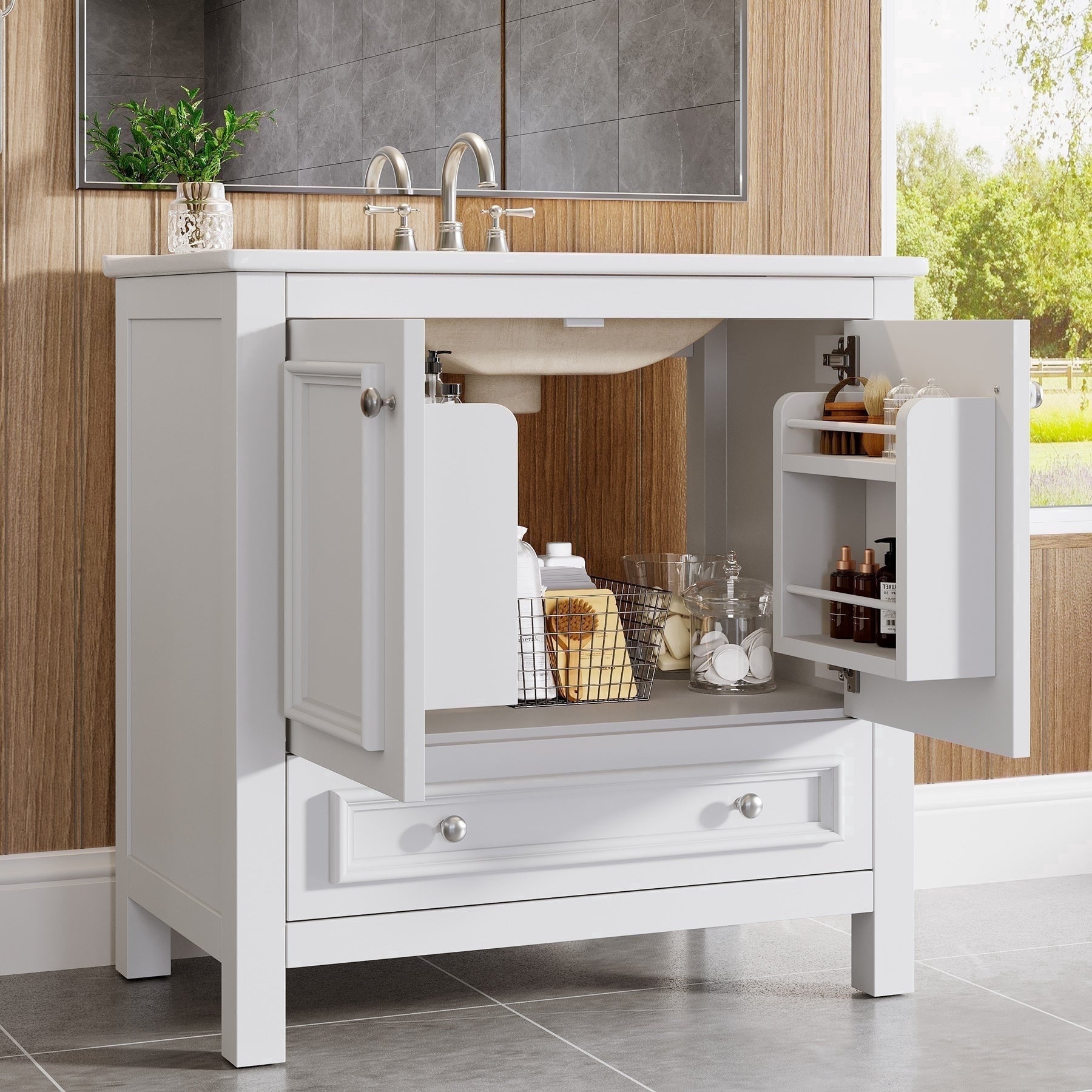 Fnova 30" Modern Bathroom Vanity with Sink, Freestanding Bathroom Vanities Cabinet, Bathroom Sink Cabinet with 2 Doors and 1 Drawer, Solid Wooden Frame, White,White