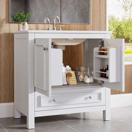 Fnova 30" Modern Bathroom Vanity with Sink, Freestanding Bathroom Vanities Cabinet, Bathroom Sink Cabinet with 2 Doors and 1 Drawer, Solid Wooden Frame, White,White