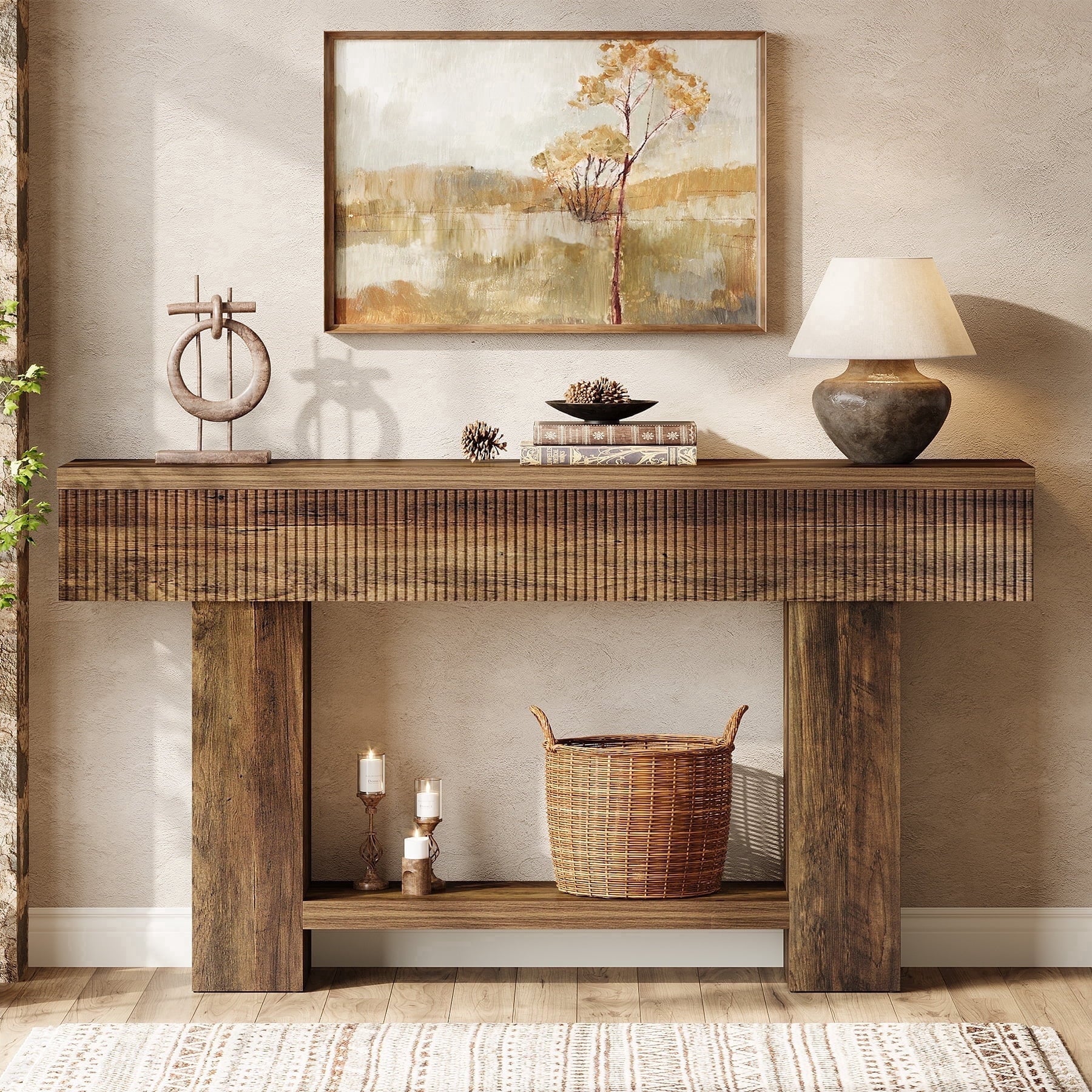 Fnova 55-Inch Console Table, Farmhouse Wood 2-Tier Entryway Table with Storage, Narrow Sofa Table behind the Couch for Hallway, Foyer, Living Room, Brown,WM010323_BN_Table