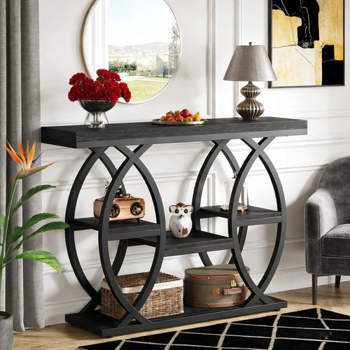 Fnova 39.4" Industrial Console Table, 4-Tier Retro Staggered Storage Shelves, Narrow Wood Accent Table with Metal Frame, for Small Spaces, Entryway, Sofa, Hallway,Black