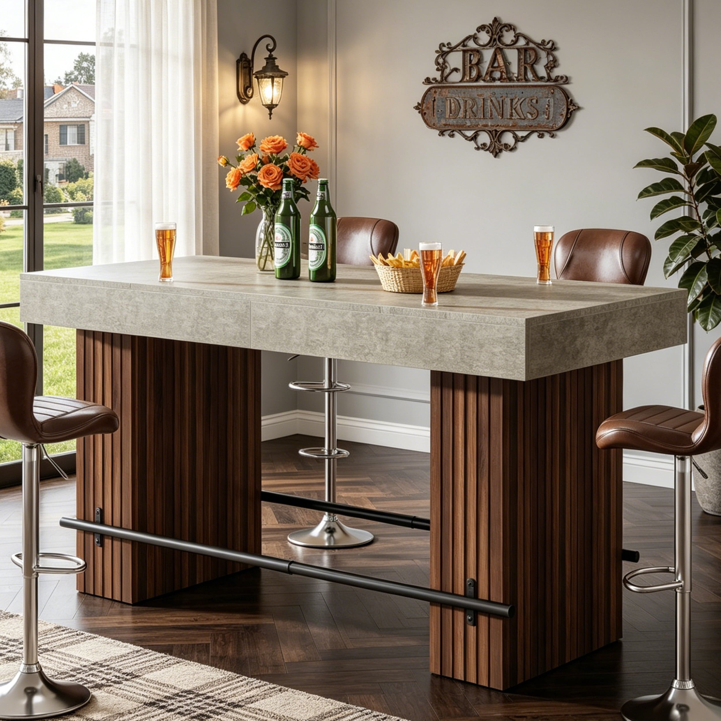 Fnova 63 Inch Industrial Bar Height Table with Dual Footrests, Counter Height Bar Table for Home Bar Cafe Restaurant,Gray Brown
