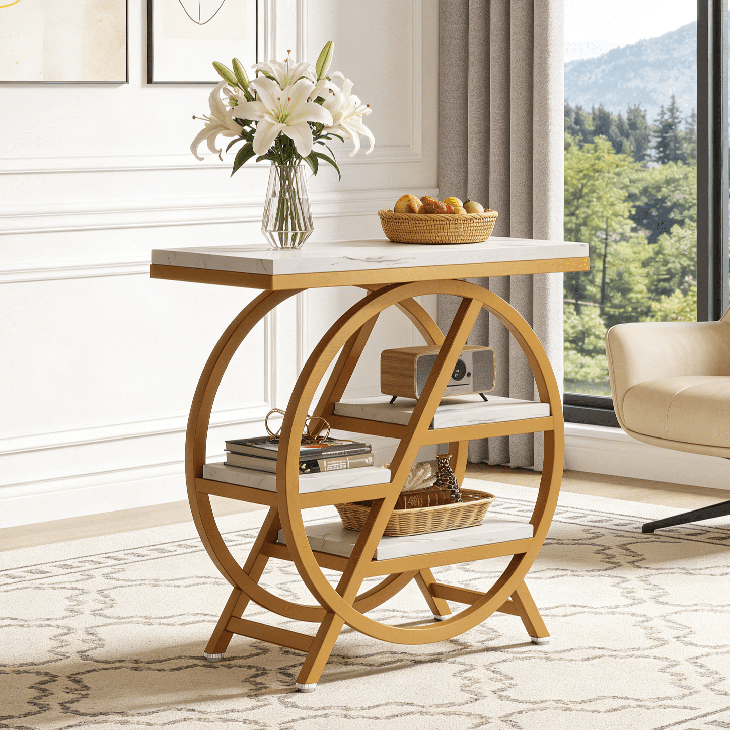 Fnova End Table Modern Wood Narrow Farmhouse Side Tables with Storage Shelf for Living Room, Bedroom, Nightstand,White Gold