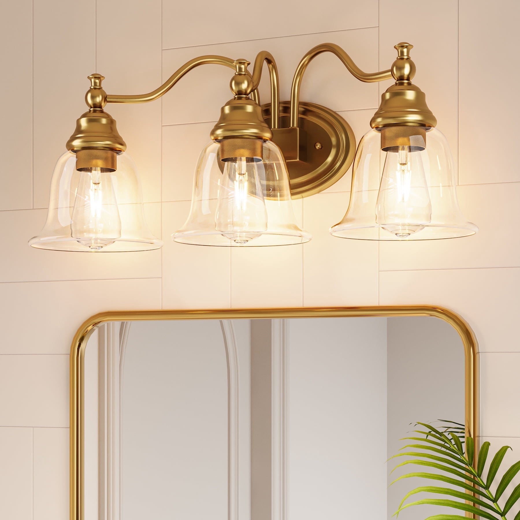 Fnova 3-Light Bathroom Light Fixtures, Modern Vanity Light with Clear Glass Shade, Bathroom Wall Lamp for Mirror Living Room Kitchen Hallway Porch, E26 Base (Bulbs Not Included),Gold