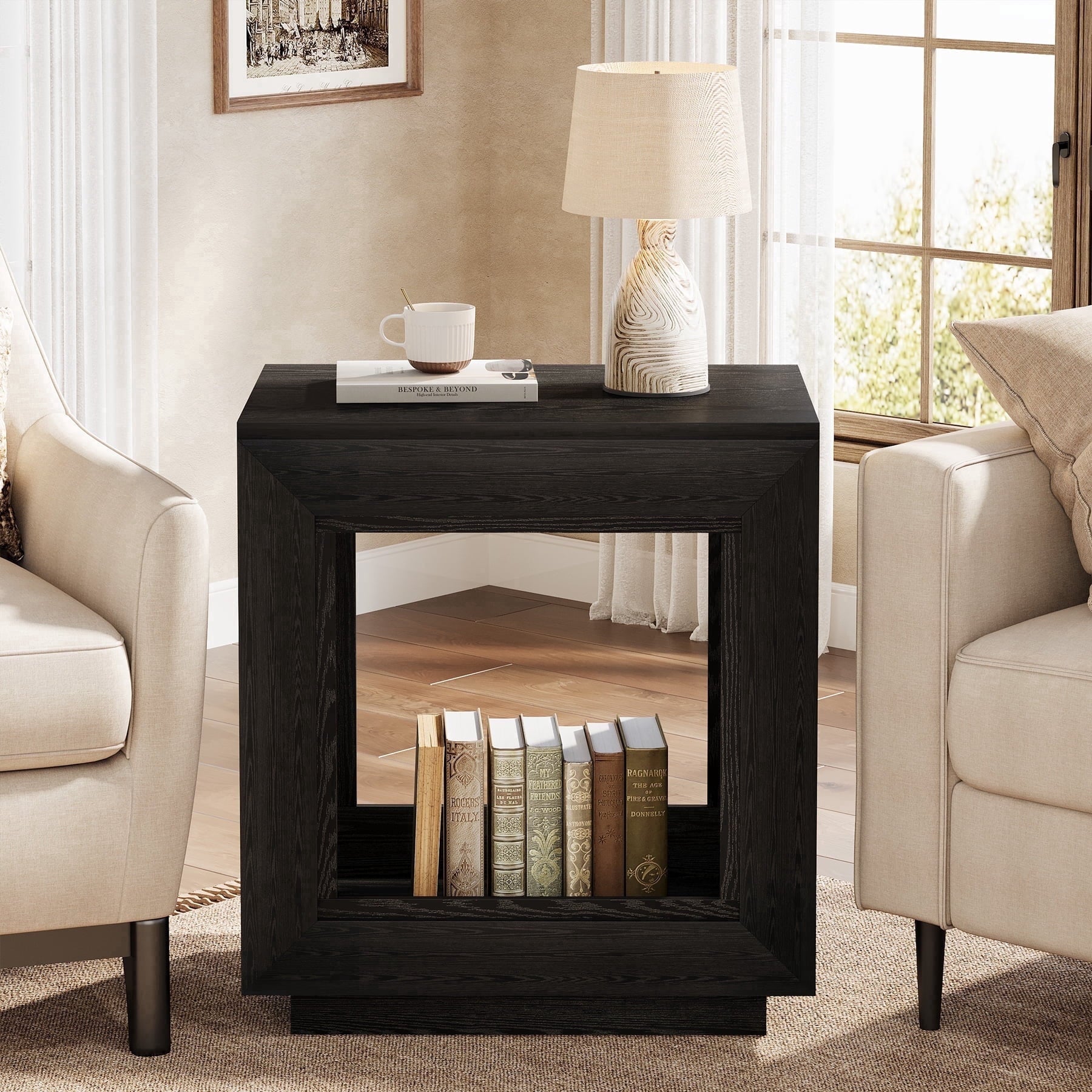 Fnova End Table Farmhouse Square Side Table with Storage, Wooden Sofa Table with Central Hollow Design, Modern Bedside Table, Easy Assembly, for Living Room, Bedroom, Nightstand, Black,WM010123_B_Tables
