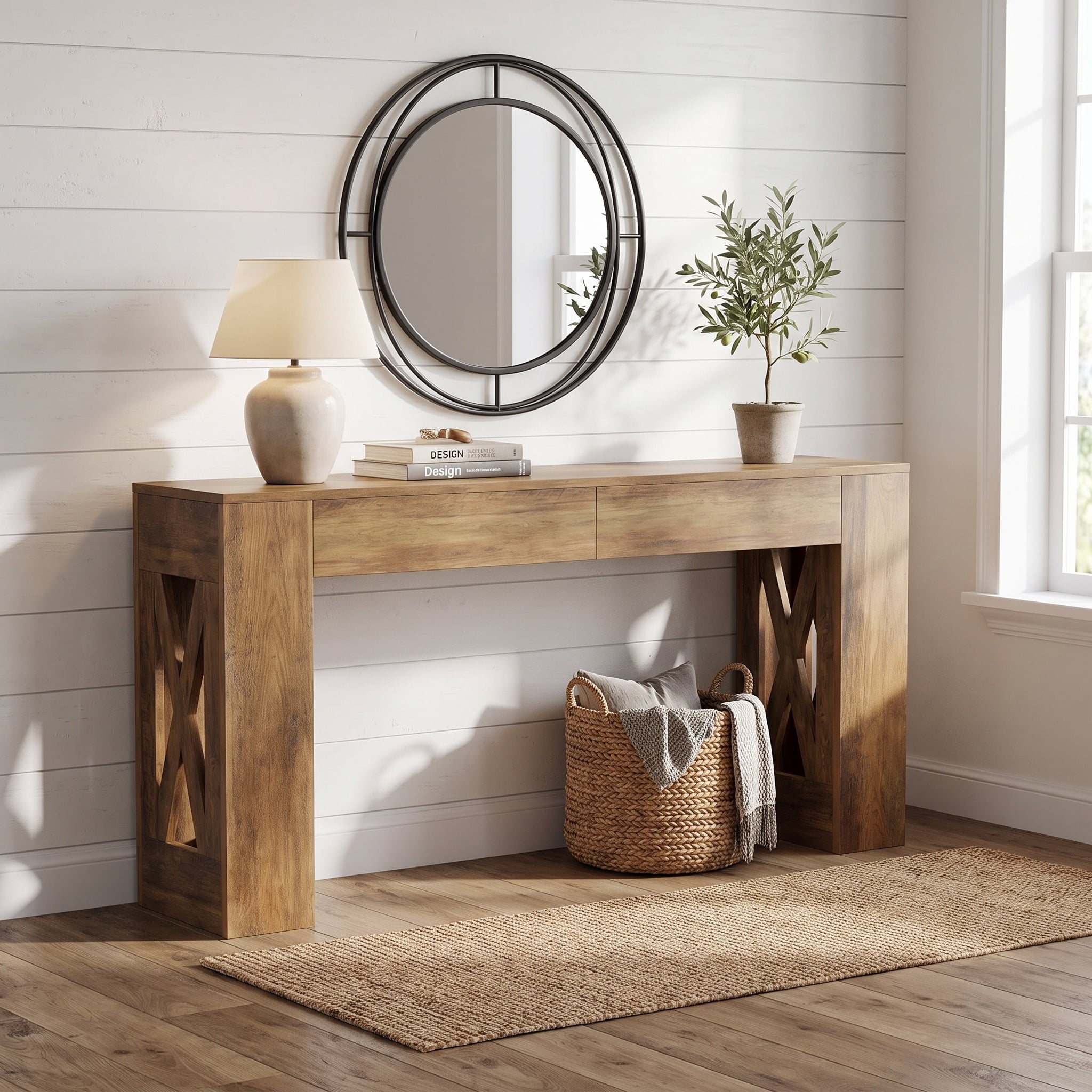 Fnova 63-Inch Farmhouse Console Table with 2 Drawers, X-Shaped Legs Entryway Table, Narrow Long Sofa Table for Living Room, Hallway, Foyer,WM010923_BN_US