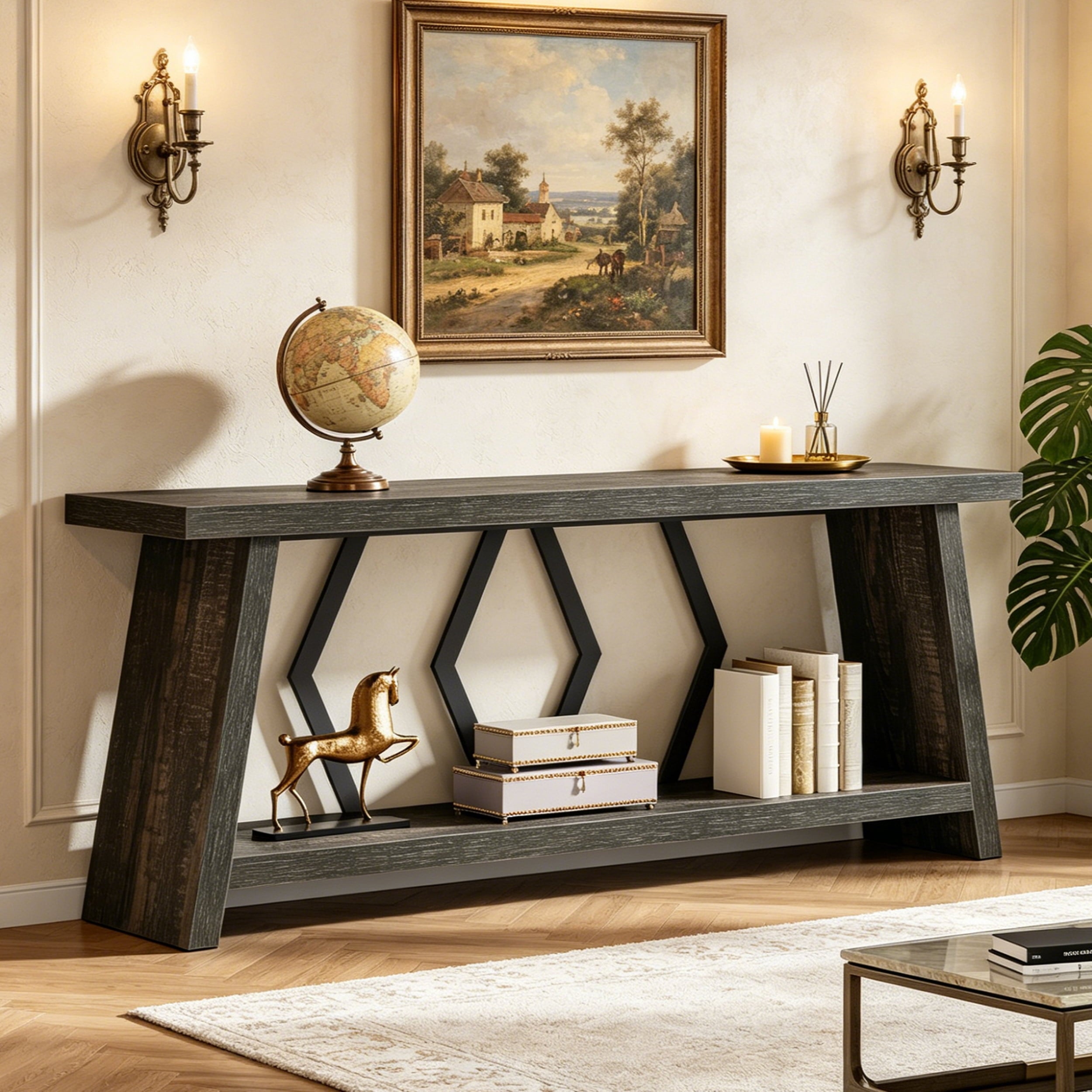 Fnova 70.86" Farmhouse Console Table for Entryway, 2-Tier Storage Long Narrow Wood Entryway Sofa Table, Easy Assembly, for Living Room Staircase Hallway Decor,Black