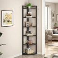 Fnova 70.9" 6-Tier Corner Shelf, Rustic Corner Bookshelf, Compact Storage Rack for Living Room, Home Office, Kitchen,Black
