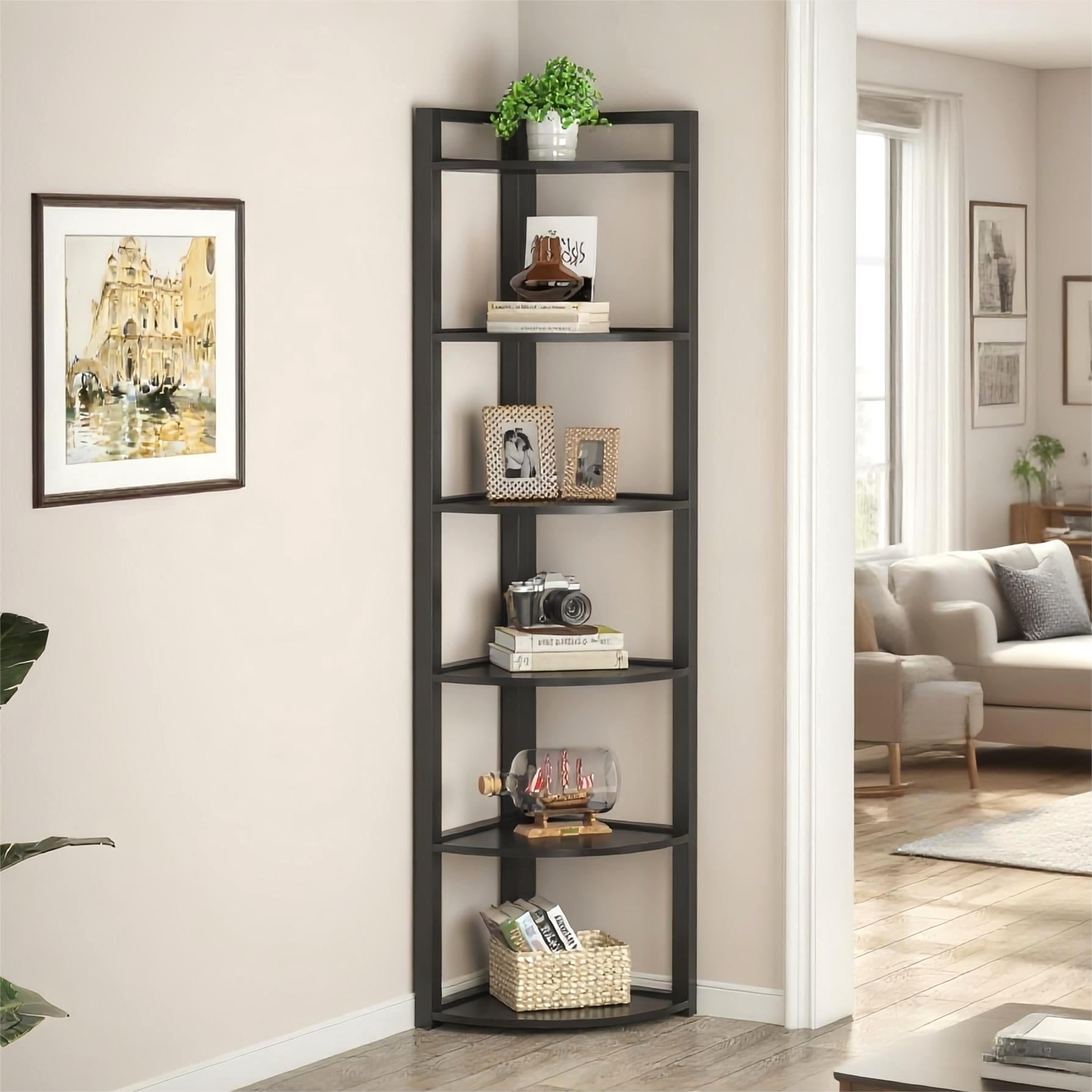 Fnova 70.9" 6-Tier Corner Shelf, Rustic Corner Bookshelf, Compact Storage Rack for Living Room, Home Office, Kitchen,Black