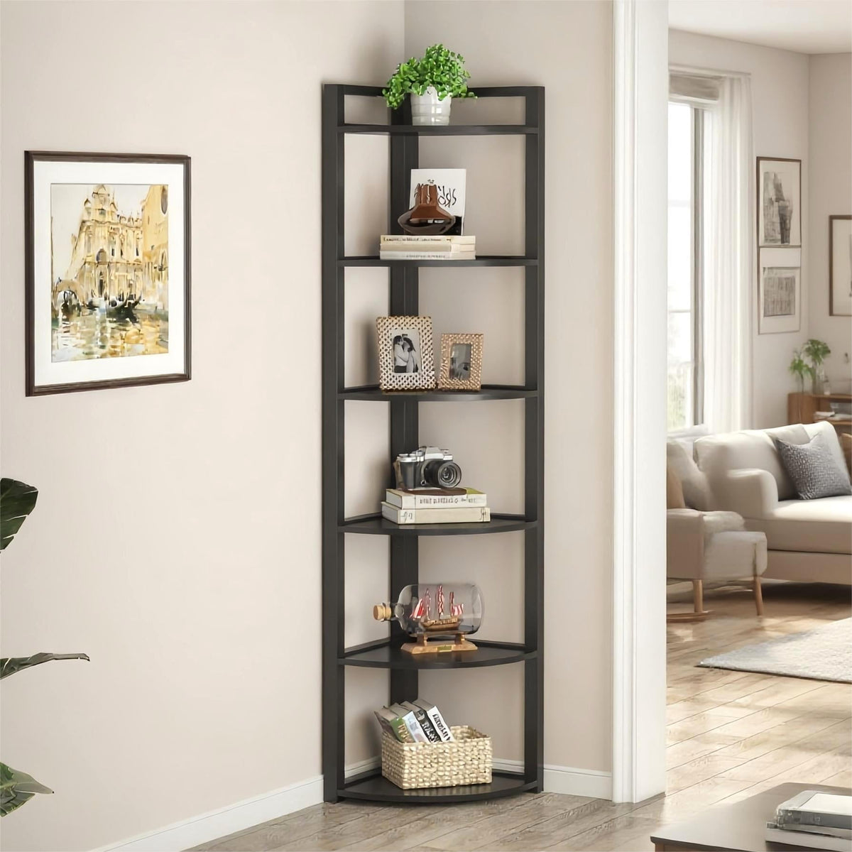 Fnova 70.9-Inch 6-Tier Corner Shelf, Rustic Corner Bookshelf, Compact Storage Rack for Living Room, Home Office, Kitchen,WM010512_B_Shelf