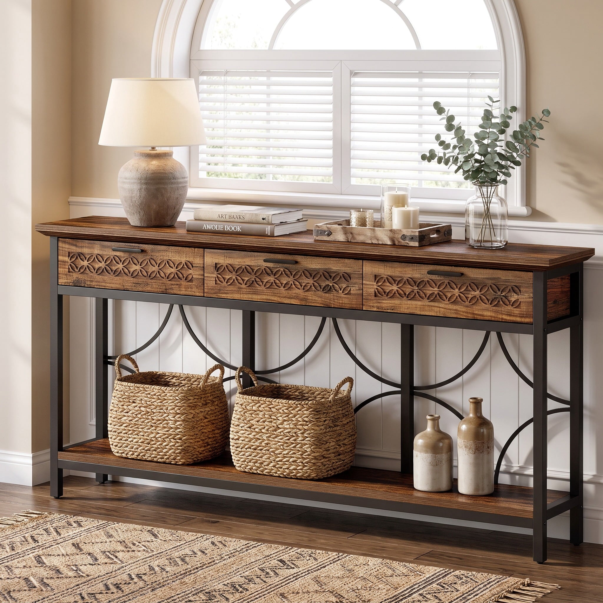 Fnova 70.9-Inch Industrial Console Table with 3 Drawers, Extra Long Entryway Table with Storage, Narrow Sofa Table for Living Room, Foyer,WM010905_BNB_US