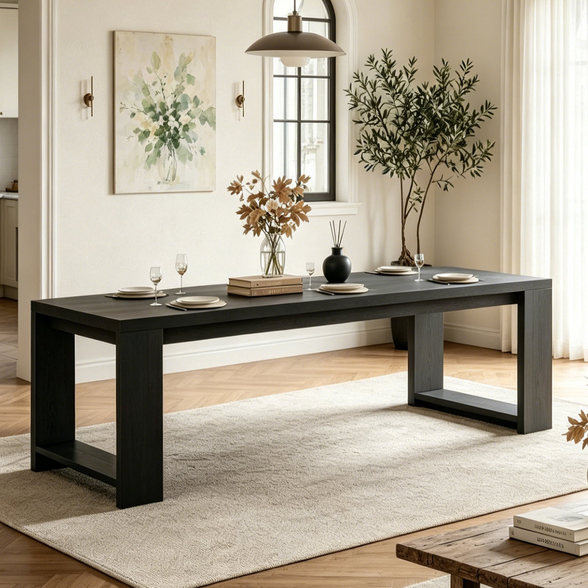 Fnova 86.6-Inch Modern Dining Table for 8 People, Farmhouse Rectangular Narrow Extra Long Kitchen Table with Pedestal Base, Heavy Duty Dinner Table for Dining Room, Kitchen, Living Room,WM010476_B_US