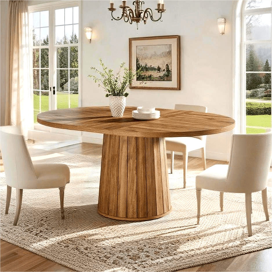 Fnova 55" Oval Dining Table for 6 People, Farmhouse Wood Kitchen Table with Round Shaped Base, Easy to Assemble,Brown