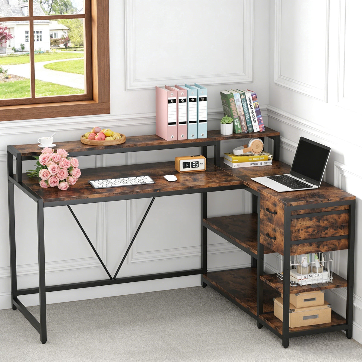 Fnova 55-Inch Desk with Drawer, Modern Reversible L Shaped Table, Corner Computer Desk with Storage Shelves and Monitor Stand for Home Office,WM010402M_BNB_US