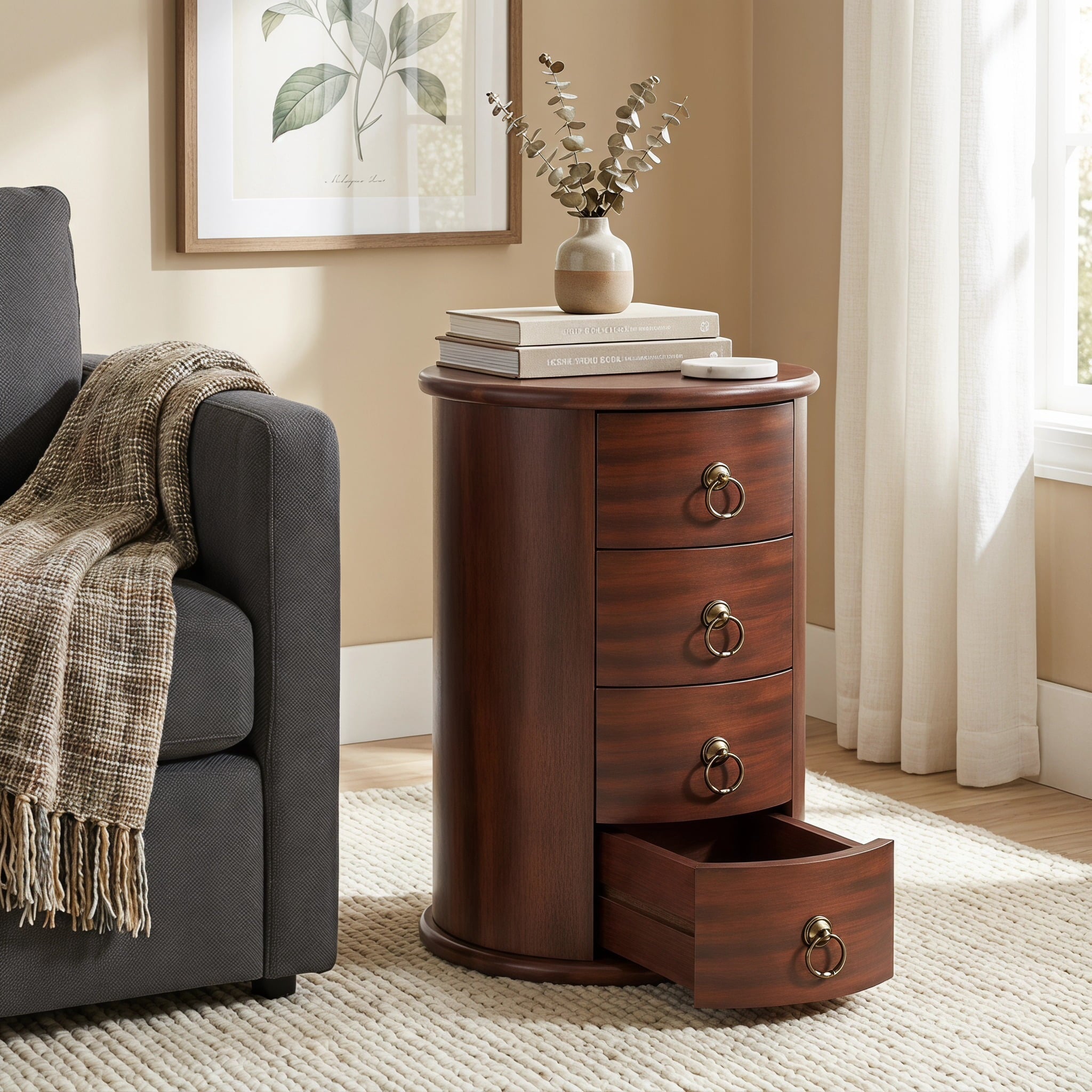 Fnova 25.59-Inch Solid Wood Nightstand, Round Side Table with 4 Drawers, Mid-Century Modern End Table, Bedroom Storage Organizer Furniture for Living Room Bedroom(No Assembly Required),WM010615_R_US