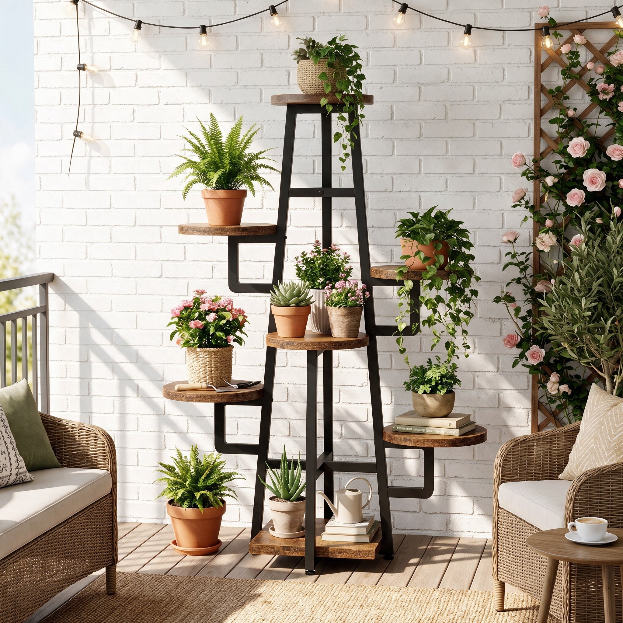 Fnova 7-Tier Indoor Plant Stand for Multiple Plants, Tall Corner Plant Shelf with Metal Frame, Multi-Level Flower Pot Display Rack for Living Room, Balcony, Patio, Garden, Rustic Brown