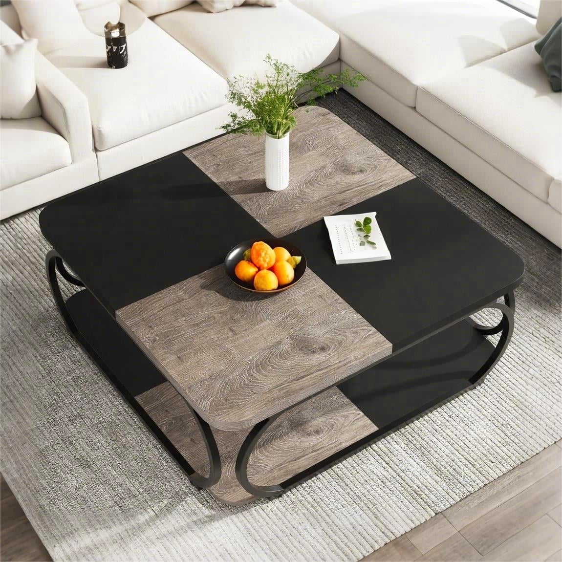 Fnova 39.2" Square Coffee Table, Industrial Modern Style with Wood Colorblock Design, Decorative Center Table for Living Room, Bedroom & Apartment, Easy to Assemble,Gray
