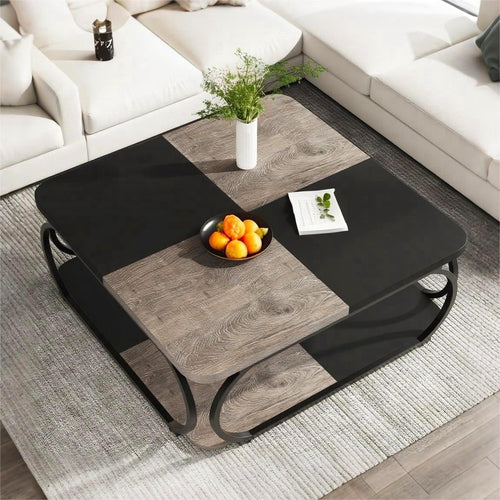 Fnova 39.2" Square Coffee Table, Industrial Modern Style with Wood Colorblock Design, Decorative Center Table for Living Room, Bedroom & Apartment, Easy to Assemble,Gray