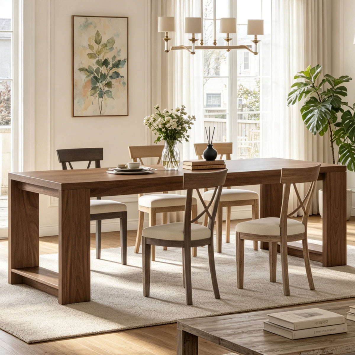 Fnova 86.6-Inch Modern Dining Table for 8 People, Farmhouse Rectangular Narrow Extra Long Kitchen Table with Pedestal Base, Heavy Duty Dinner Table for Dining Room, Kitchen, Living Room,WM010476_BN_US