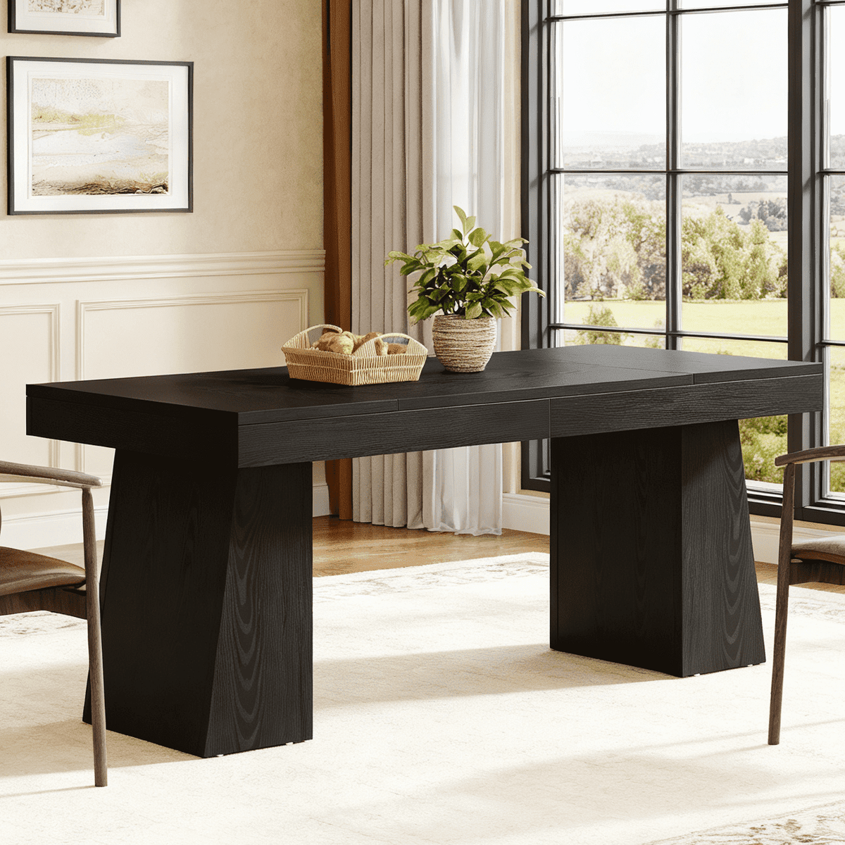 Fnova 55-Inch Modern Dining Table, Mid-Century Wood Rectangular Writing Desk, Computer desk with Double Trapezoid Base, Seats 4-6 - Perfect for Home Office, Dining Room, Kitchen & Living Room,WM010265_B_Tables