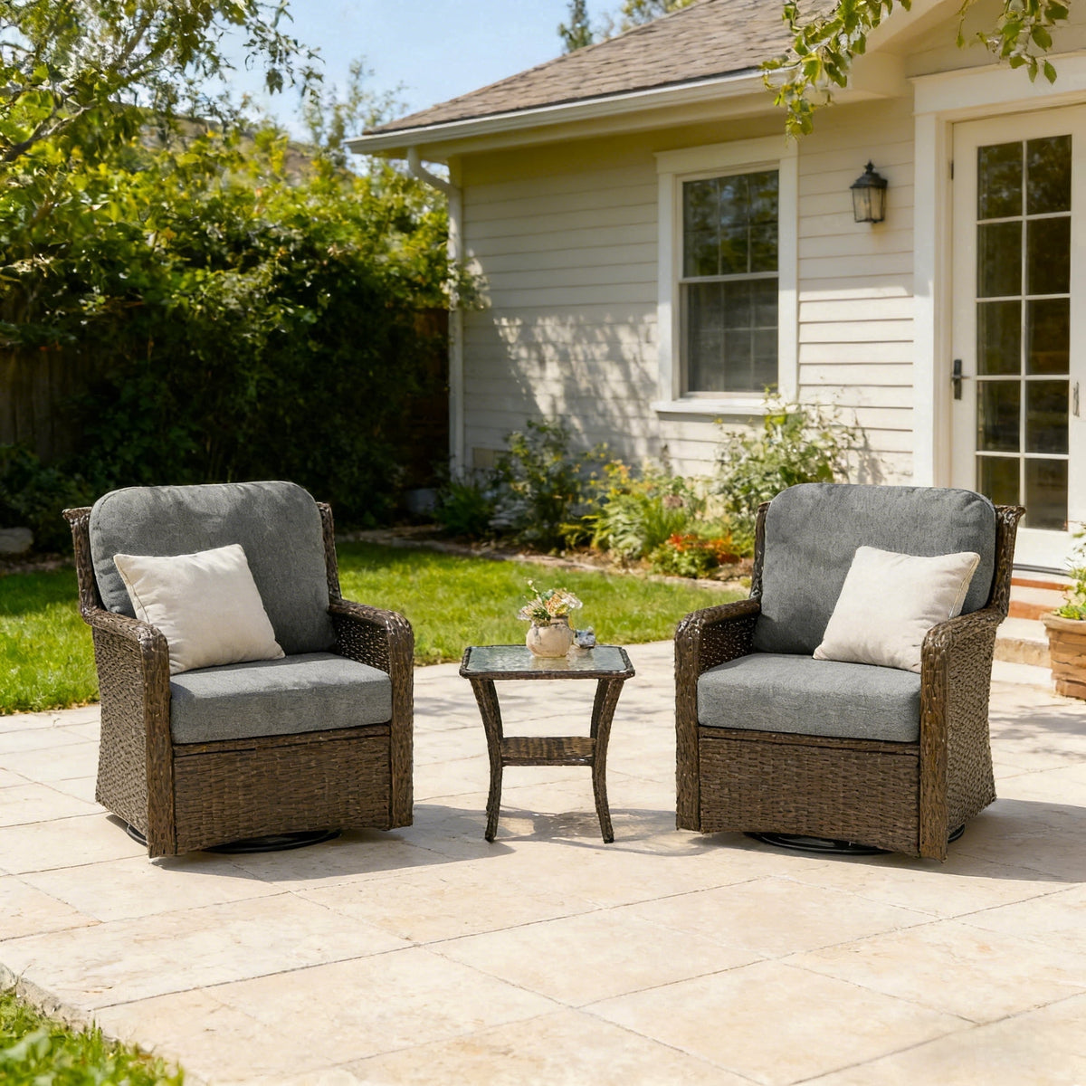 Fnova 3-Piece Outdoor Swivel Patio Furniture Set, 2 PE Wicker Rattan Swivel Rocker Chairs with 1 Glass Side Table, 360¡ã Swivel, High Back Patio Lounge Chairs for Porch, Garden,WM011528_BL_US