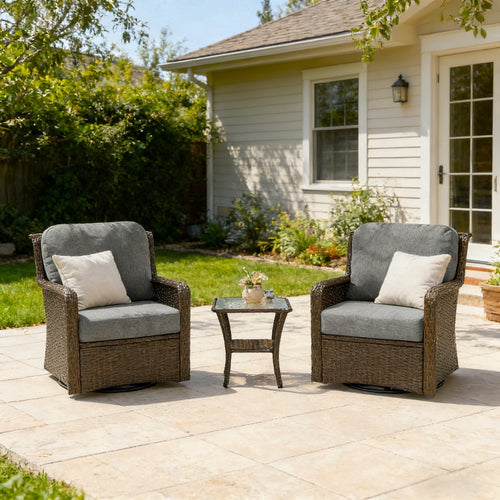 Fnova 3-Piece Outdoor Swivel Patio Furniture Set, 2 PE Wicker Rattan Swivel Rocker Chairs with 1 Glass Side Table, 360¡ã Swivel, High Back Patio Lounge Chairs for Porch, Garden,WM011528_BL_US