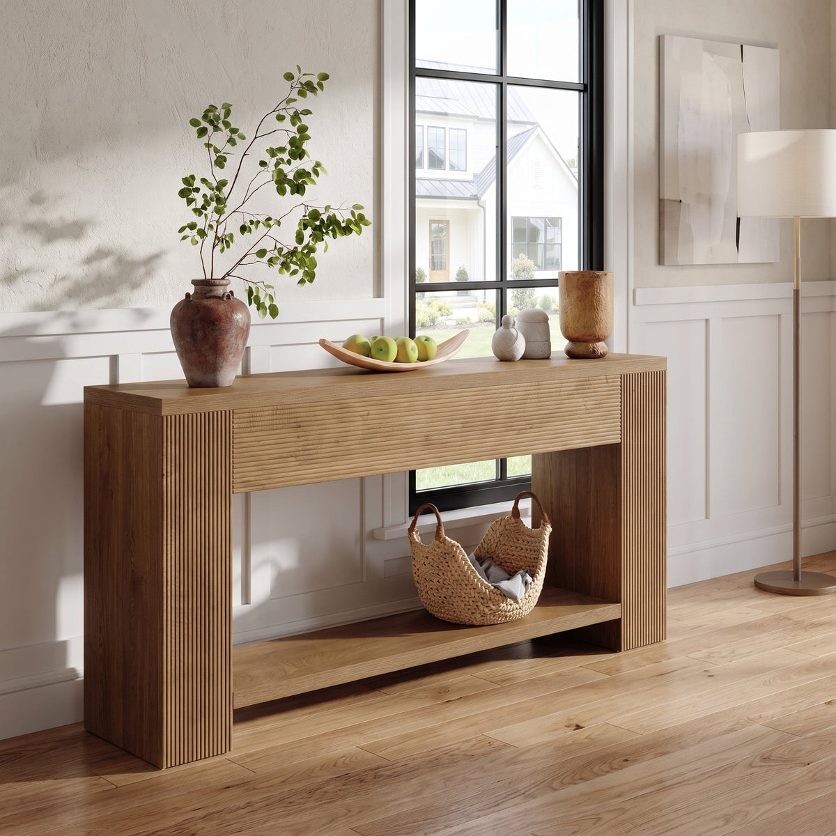 Fnova 70.87-Inch 2-Tier Console Table, Wood Farmhouse Sofa Table for Entryway Hallway Living Room Foyer Decor,WM010974_LBN_US