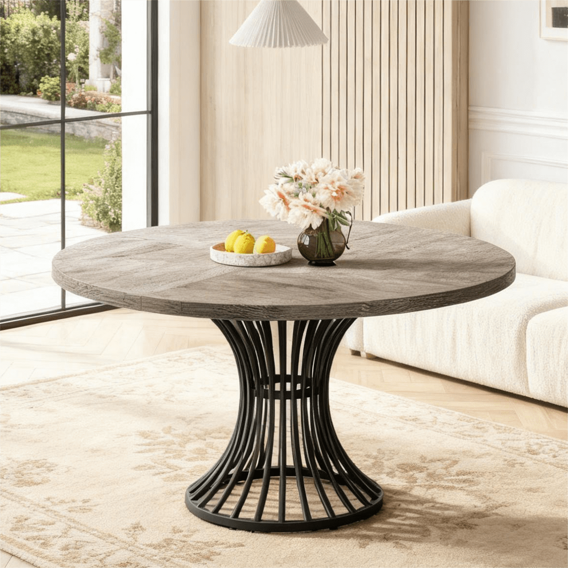 Fnova 47.24" Farmhouse Round Dining Table for 4 People, Modern Wood Tabletop Coffee Table with Metal Frame for Kitchenfor Dining Room, Gray,Gray