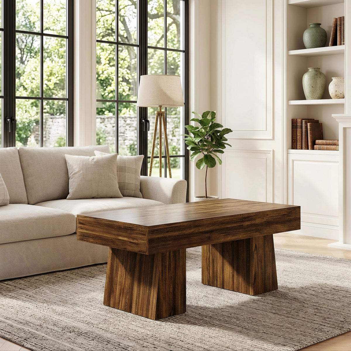 Fnova Farmhouse 47 Inch Rectangle Wooden Coffee Table, Sturdy Base, Modern Cocktail Tea Table, Accent Center Table for Living Room, Bedroom,WM010481_DBN_US