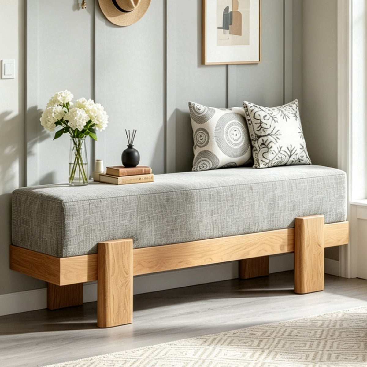 Fnova 55-Inch Upholstered Entryway Bench, Soft Padded Seat, Modern Indoor End of Bed Bench for Bedroom Entryway Living Room Stair Corner,WM011214_G_US