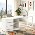 Fnova Reversible Computer Desk with Drawers, Shelves, Storage Cabinet, Modern L-Shaped Corner Office Desk for Home Office, Bedroom, Study, Writing,White