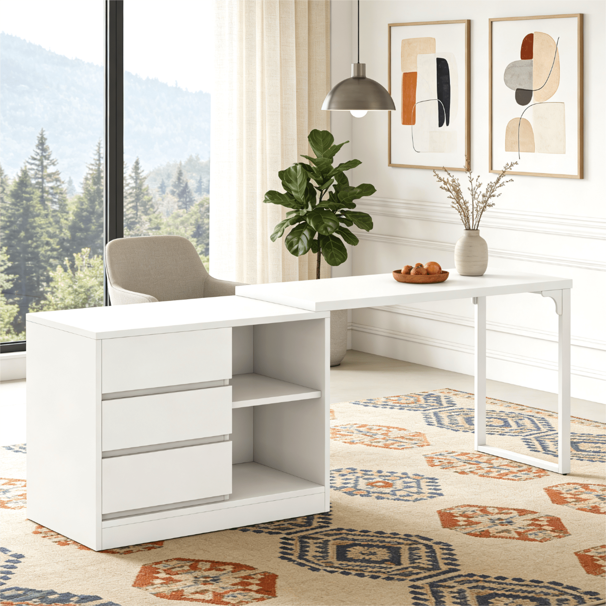 Fnova Reversible Computer Desk with Drawers, Shelves, Storage Cabinet, Modern L-Shaped Corner Office Desk for Home Office, Bedroom, Study, Writing,White
