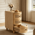 Fnova 26" Solid Wood End Table, Farmhouse Side Table with 3 Rattan Drawers, Slim Sofa Table Nightstand with Vintage Embossed Handles for Living Room, Bedroom, Finished Back, No Assembly,Light Brown