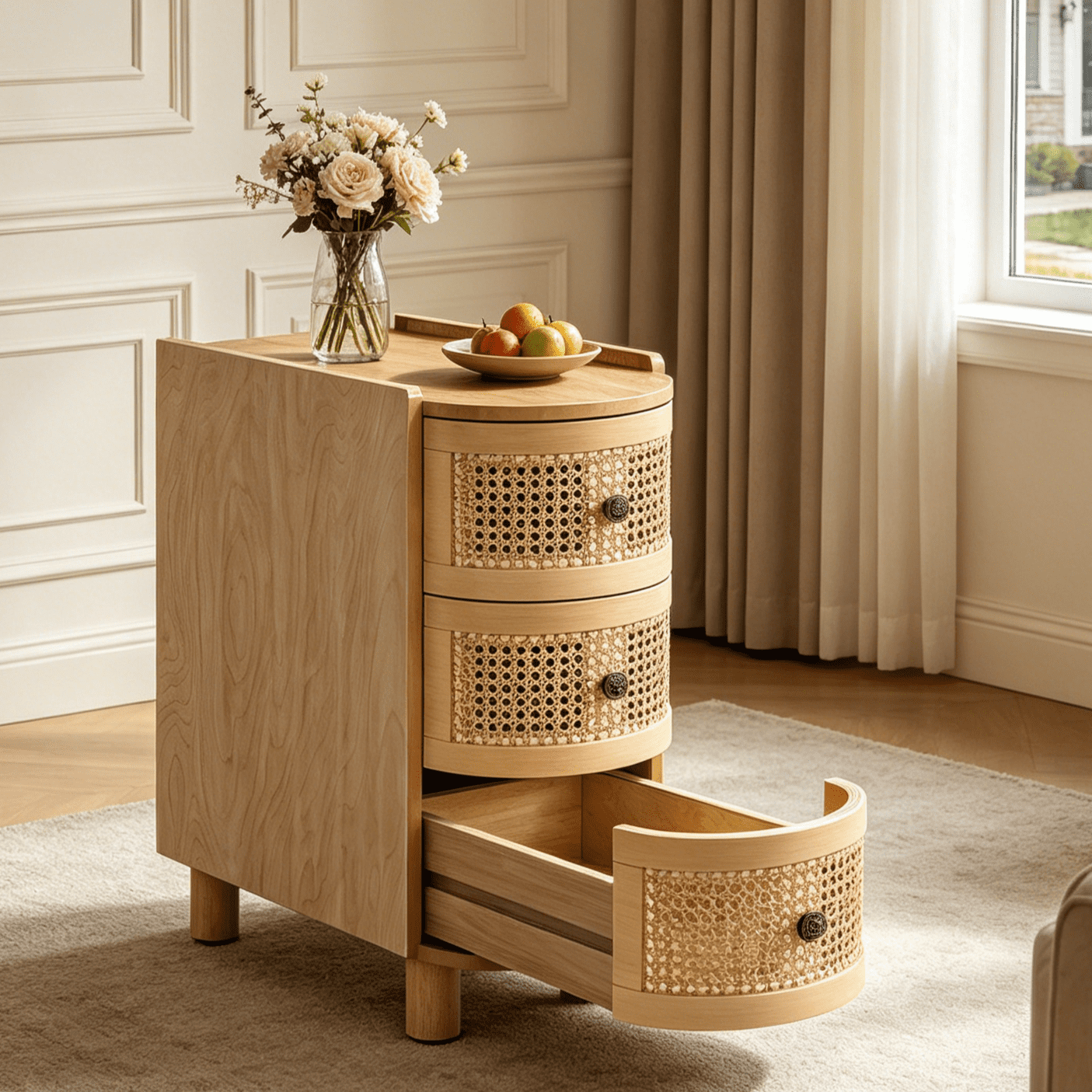 Fnova 26" Solid Wood End Table, Farmhouse Side Table with 3 Rattan Drawers, Slim Sofa Table Nightstand with Vintage Embossed Handles for Living Room, Bedroom, Finished Back, No Assembly,Light Brown