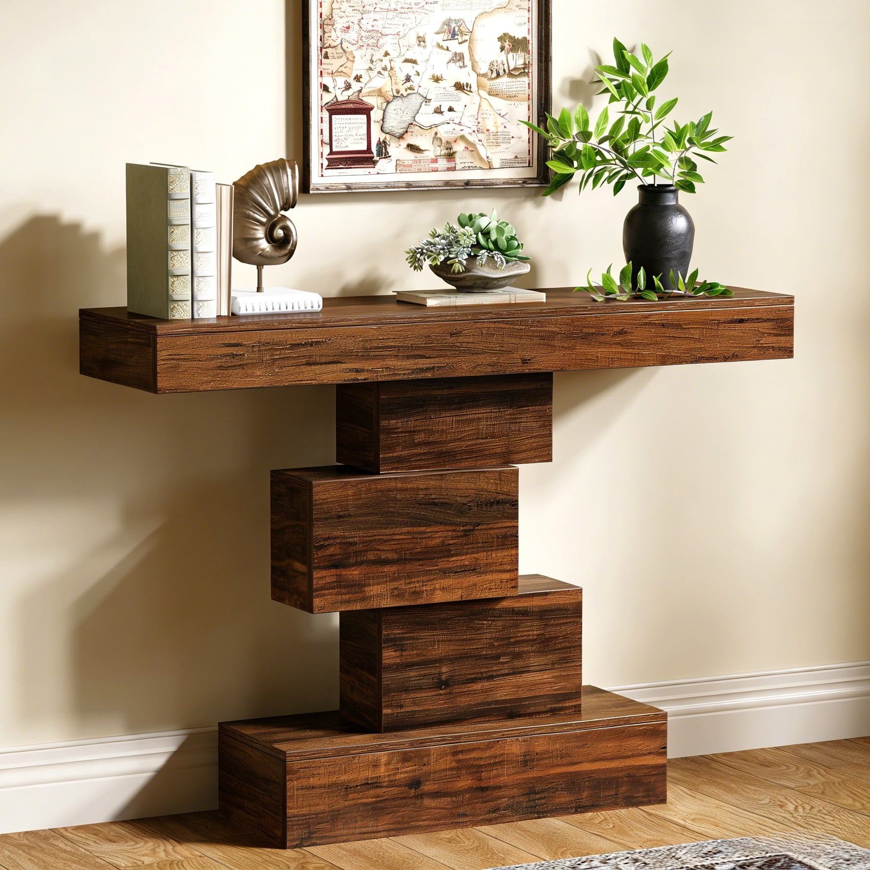 Fnova 42.5" Farmhouse Console Table, Wood Sofa Table with Geometric Storage, Narrow Accent Table for Living Room, Entryway, Hallway,Brown