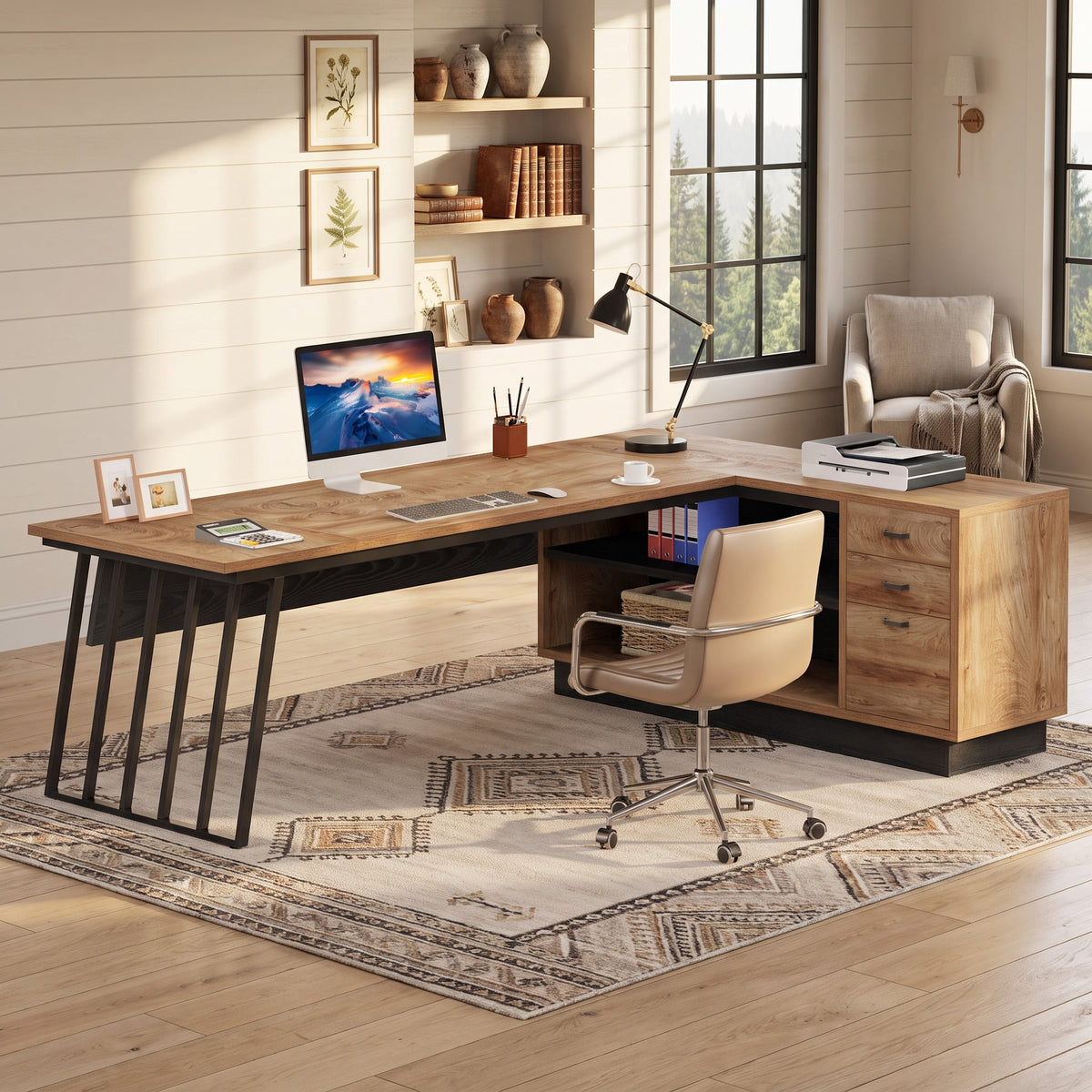 Fnova 71-Inch L-Shaped Executive Desk with Storage Drawers and Open Shelves, Industrial Office Desk Writing Desk with File Cabinet, Spacious Corner Computer Desk for Home Office,WM010427_LBNB_US