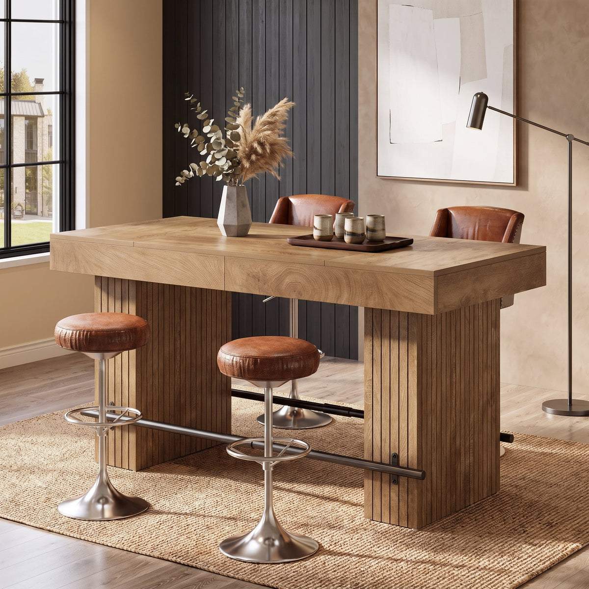 Fnova 63 Inch Industrial Bar Height Table with Dual Footrests, Counter Height Bar Table for Home Bar Cafe Restaurant,WM010948_BN_US