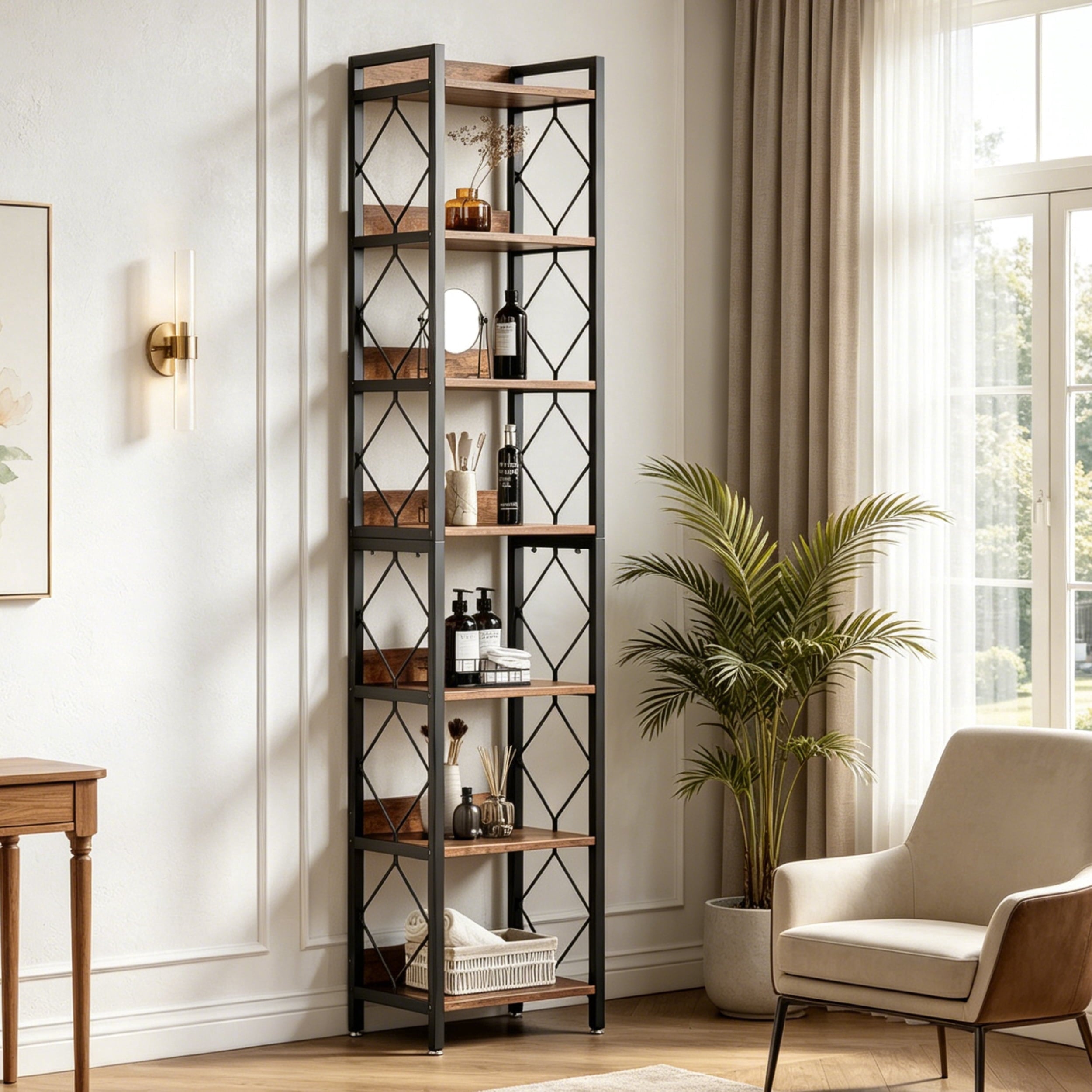 Fnova 78.7" 7-Tier Tall Storage Shelf, Narrow Metal Wood Bookshelf for Small Spaces, Office, Library, Living Room,Brown