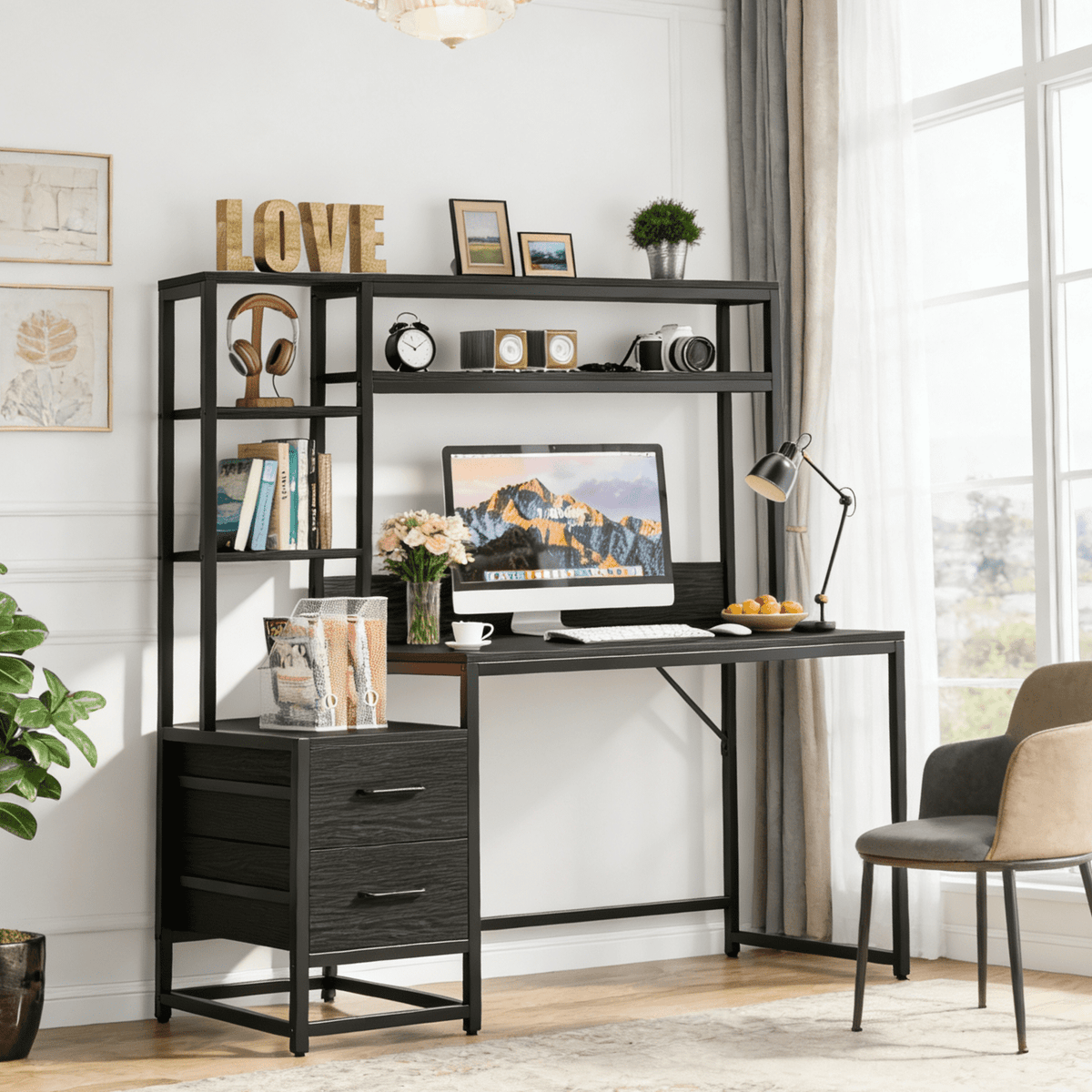 Fnova 55.12-Inch Industrial Computer Desk with 2 Drawers, Shelves & Raised Baffle, Metal Frame Writing Desk, for Home Office/Study/Game Room, Easy Assembly,WM010414_B_Desk