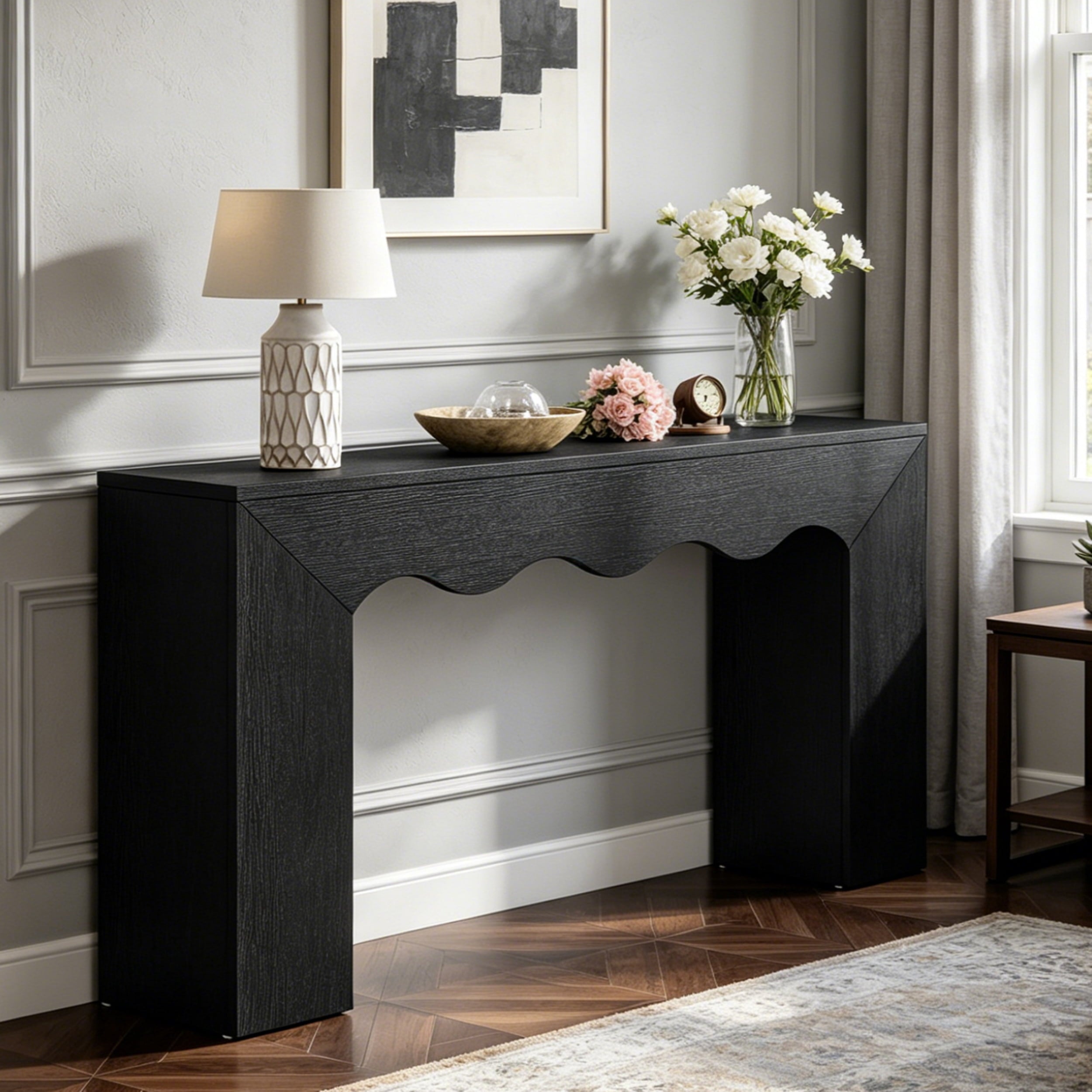 Fnova 63" Farmhouse Console Table with Wave Edge, Long Narrow Wood Entryway Table, Sofa Table for Living Room, Hallway, Behind Couch, Black,Black